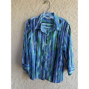 Alia Sz 12 Blue Green Paint Stripe Button Up Women's Mod Career Textured Blouse